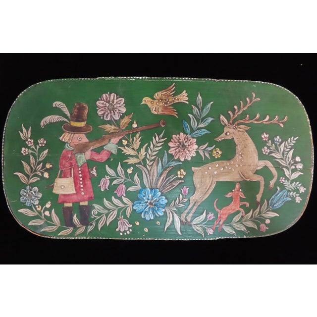 Vintage Hand Painted Tole Deer Hunting Scene Wood Keepsake Sewing Box With Lid For Sale - Image 9 of 9