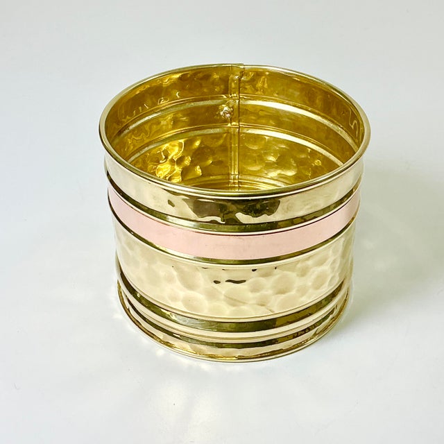 Hollywood Regency Mid-Century Boho Chic Hollywood Regency Arts & Crafts Small Brass Planter With Copper Band. For Sale - Image 3 of 8
