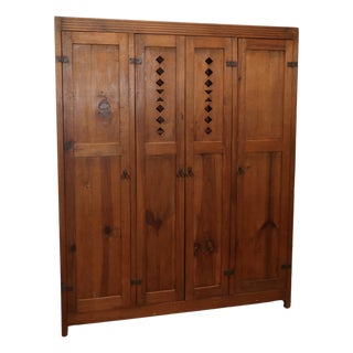 Antique European Pine Vestiaire Wardrobe With Diamond Cutouts, C. 1920s For Sale