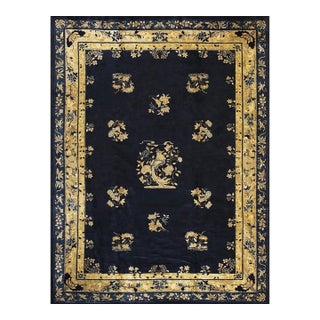 1920s Traditional Navy Blue Floral Antique Peking Knotted Room Size Wool Rug For Sale