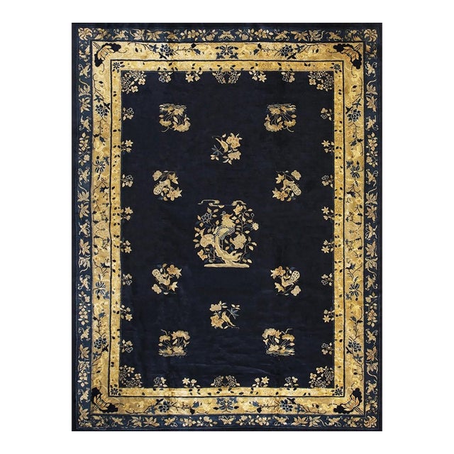 1920s Traditional Navy Blue Floral Antique Peking Knotted Room Size Wool Rug For Sale