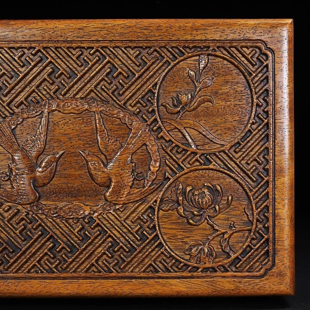 Vintage Huanghuali Wood Carved Treasure Box – Lattice & Floral Motif For Sale In Los Angeles - Image 6 of 9