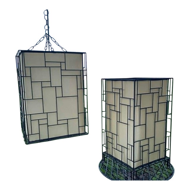 1950s Mid-Century Modern Geometric Pendant Light and Table Light Set ~ in the Style of Piet Mondrian For Sale