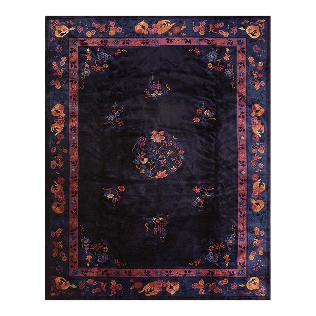 1920s Classic Antique Chinese Peking Indigo Blue Medallion Rug (8'9" X 11'1") For Sale