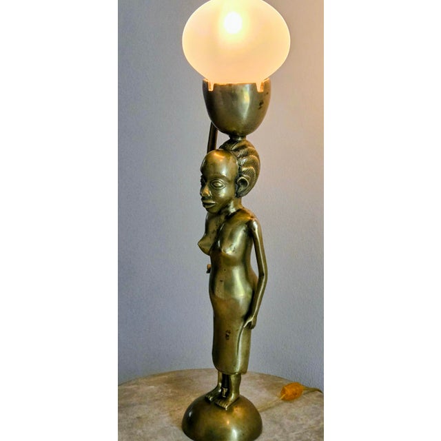 Vintage African Brass Figural Lady Table Lamp With Frosted Globe For Sale - Image 4 of 15