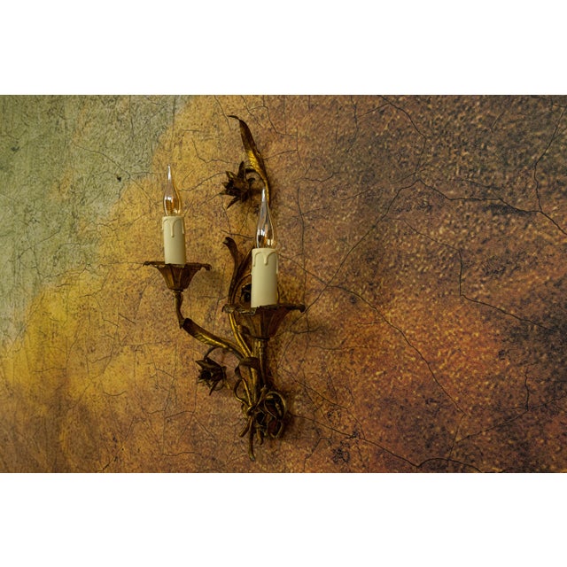 Gold Hollywood Regency Gilt Metal Botanical Two-Light Wall Sconce, 1950s For Sale - Image 8 of 18