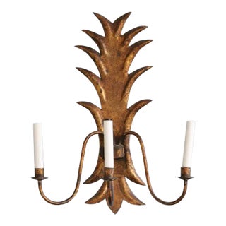 Large 1950s Spanish Gilt Metal Foliate Three-Arm Wall Sconce For Sale