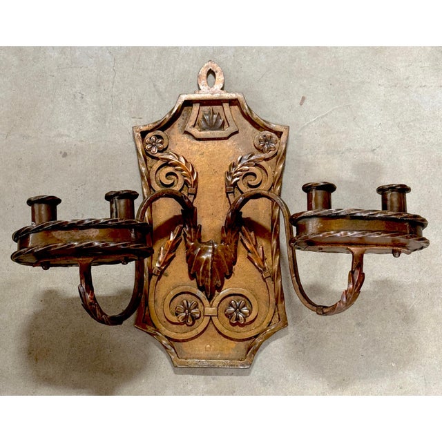 Pair of Folk Art Engraved & Applied Style Four Light Copper Candle Sconces For Sale In Greensboro - Image 6 of 12