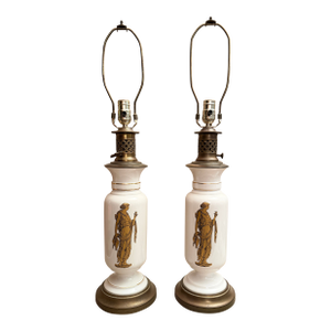 60s Pair of Neoclassical Matching Porcelain Lamps in the Manner of Fornasetti