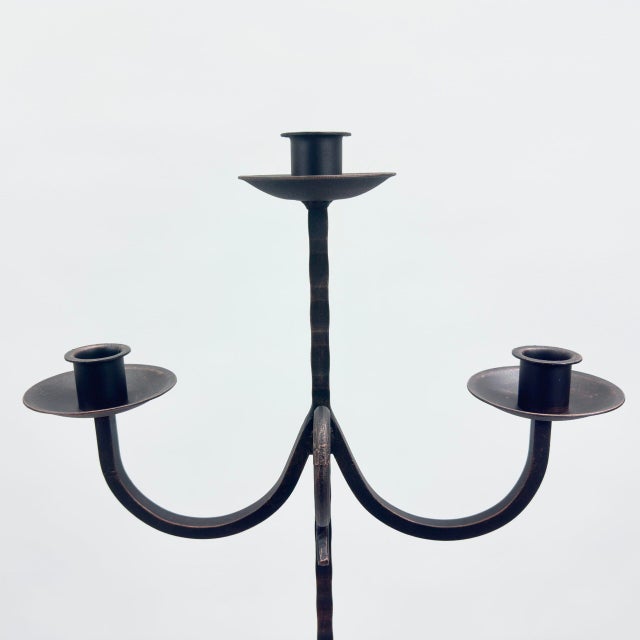 Hand Forged Iron Floor Candelabra 48″ (122cm) Antique Copper Patina 3-Arm Loop Design Classic Candle Holder Rustic Decor For Sale - Image 6 of 7