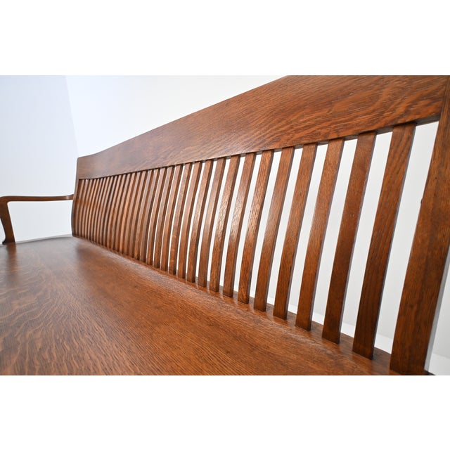 Brown Antique American Oak Lawyer’s Bench | Newly Refinished For Sale - Image 8 of 18