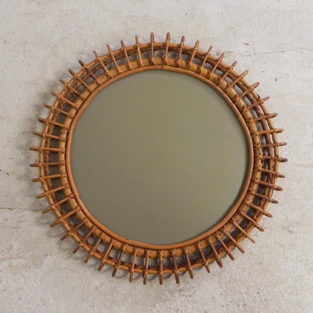 Vintage Round Mirror with Bamboo Edge in the style of Franco Albini, 1950s For Sale - Image 4 of 11