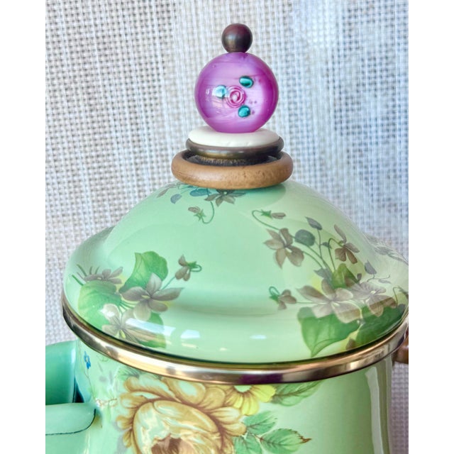 Vintage 1995 Camp Mackenzie Childs Green Floral Coffee Pot/Kettle With Wood Handle and Lid For Sale - Image 10 of 12