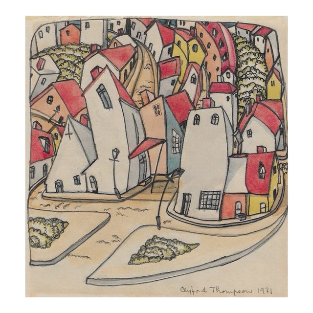 1931 Clifford Thompson Cityscape Watercolor For Sale