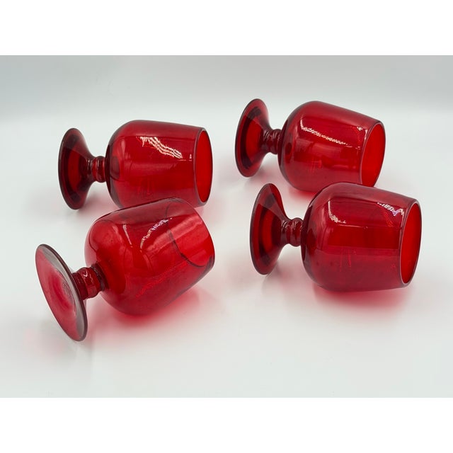 1960s Vintage Blenko Hand Blown Red Brandy Art Glass Snifter 4pc Set For Sale - Image 5 of 8