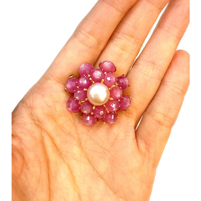 Bochic "Orient" Vintage Ruby & Pearl Ring Set In 18K Yellow Gold & Silver Natural Cabochon Ruby - 17.50 Carat 2.00 Carat...