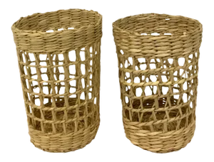 Vintage Rattan & Glass Holders - A Pair