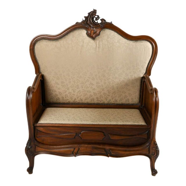 Rococo Antique Rococo Carved Wood Hall Bench With Upholstered Back and Seat For Sale - Image 3 of 8