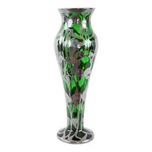 Loetz “Titania” Art Nouveau Green Iridescent Glass Vase With Silver Overlay
