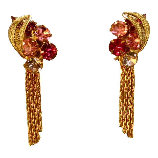 1960s Vintage Multi-Colored Glass Stones Gold Filigree Tassel Earrings, 2 Pieces For Sale