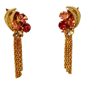 1960s Vintage Multi-Colored Glass Stones Gold Filigree Tassel Earrings, 2 Pieces