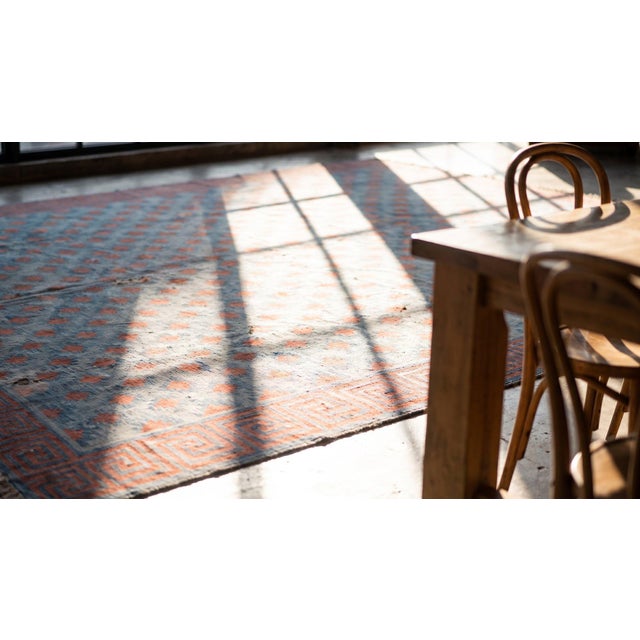 Cerulean Astonishing Wave Fret Border With Red Diamond Design Square Indian Cotton Dhurrie Rug For Sale - Image 8 of 9
