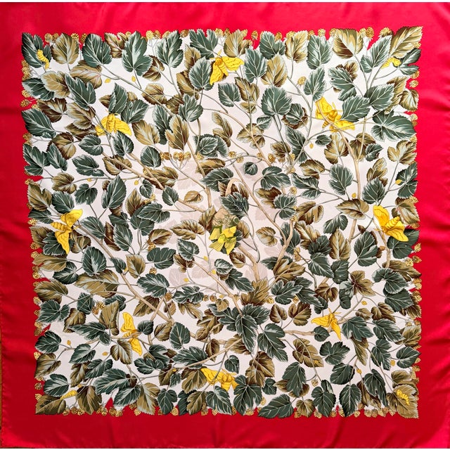 Hermes Silk Tree 1995 Silk Scarf. This magnificent scarf represents the origin of natural silk. It depicts mulberry leaves...