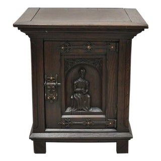 Antique Gothic Renaissance Revival Oak Figural Carved Low Cabinet Side Table For Sale
