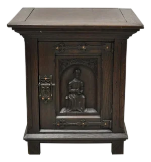 Antique Gothic Renaissance Revival Oak Figural Carved Low Cabinet Side Table