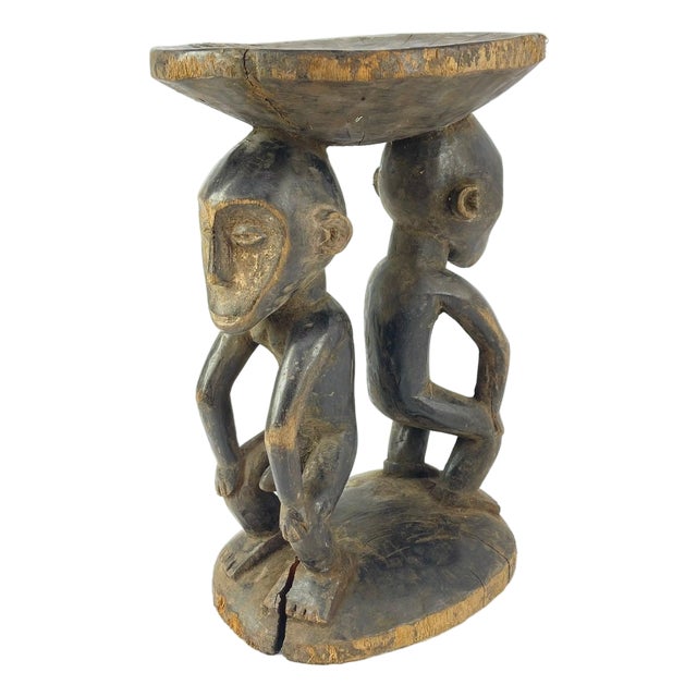 Early 20th Century Luba Stool with Dual Caryatid Figures For Sale