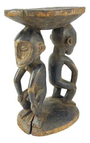 Early 20th Century Luba Stool with Dual Caryatid Figures