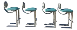 Vintage Mid Century Postmodern Barstools Turquoise Silver 1980s Set of 4 Reupholstered Chrome Attributed to Ettore Sottsass