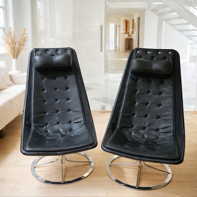 Mid-Century Modern Italian Swivel Lounge Chairs in Black Leather, 1970s, Set of 2 For Sale - Image 9 of 9