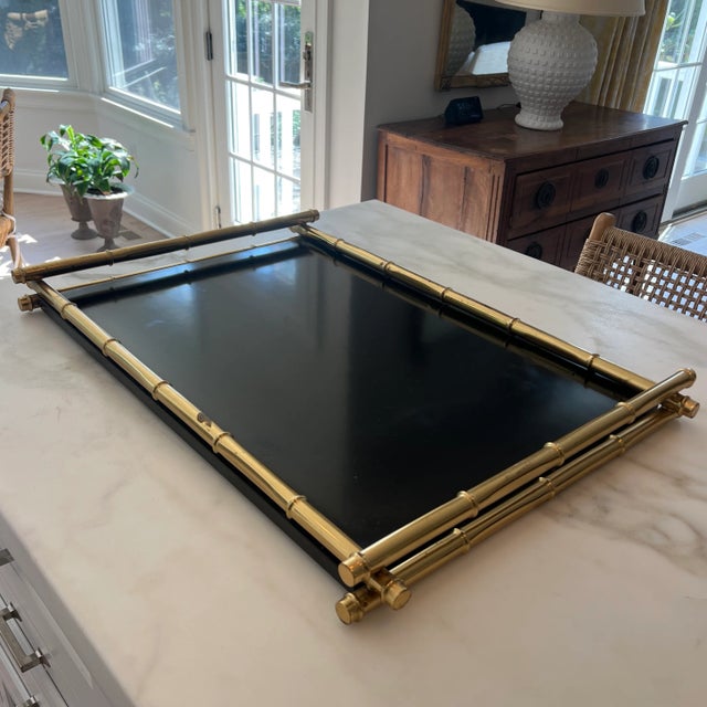 Mid 20th Century Midcentury Hollywood Regency Style Large Black Lacquer and Brass Faux Bamboo Drinks Butler’s Tray For Sale - Image 5 of 6