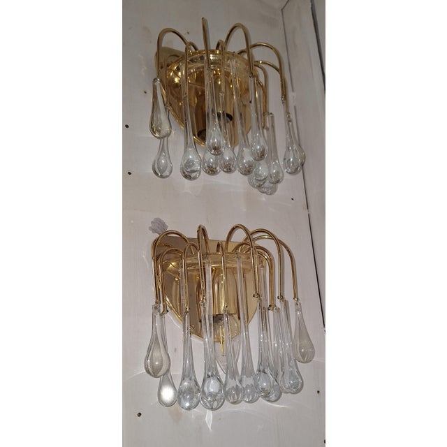 Gold Vintage Wall Lamps with Gold-Plated Brass Brackets and Crystal Glass Drop Pendants, 1970s, Set of 2 For Sale - Image 8 of 9