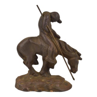 Mid 20th Century Heavy Cast Iron Figurine After "End of the Trail" Bookend For Sale