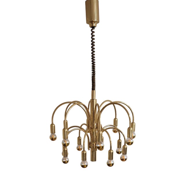 Vintage German 16-Light Chandelier with Gold-Colored Metal Frame from TZ Leuchten, 1970s For Sale