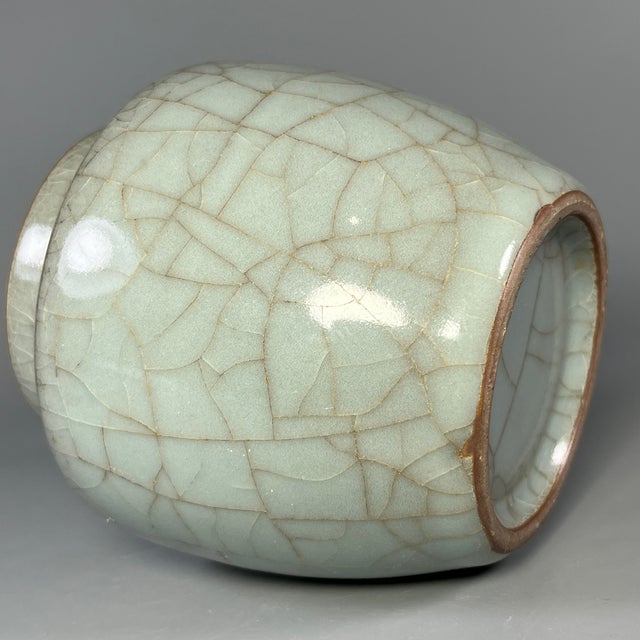 Vintage Chinese Longquan Celadon Crackle‑Glaze Lidded Jar With Animal‑Shaped Finial For Sale - Image 6 of 7