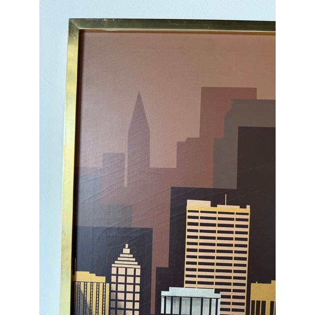 1970s Vintage Franco Modernist Cityscape Acrylic on Canvas Painting – Gold Aluminum Frame For Sale In Miami - Image 6 of 11