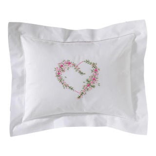 Boudoir Pillow Cover, Embroidered With Hem Stitch Border - Garden Heart (Pink/Green) For Sale