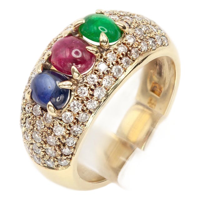 1990s 14k Yellow Gold Diamond Emerald Ruby and Sapphire Ring, Size 6.5 For Sale