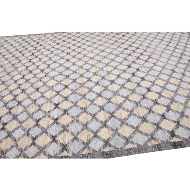 2020s Modern Swedish Style Gray and Beige Handmade Geometric Wool Rug For Sale - Image 5 of 11
