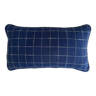 Contemporary Schumacher Indigo Blue Check Fabric Lumbar Pillow For Sale