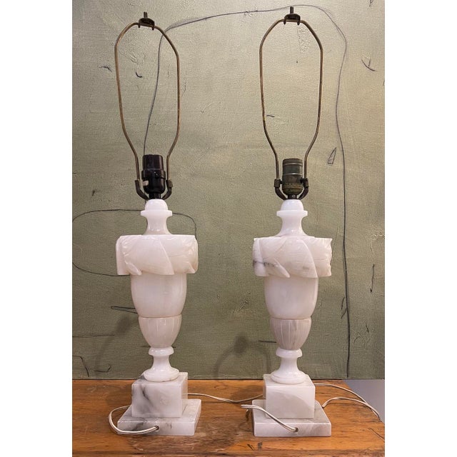 Antique Italian Carved Alabaster Neoclassical Table Lamps - A Pair For Sale - Image 4 of 8