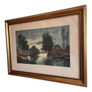 Vintage Original Riverside Cottage Print, Signed Landscape Art, 1970s For Sale