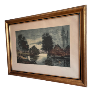 Vintage Original Riverside Cottage Print, Signed Landscape Art, 1970s