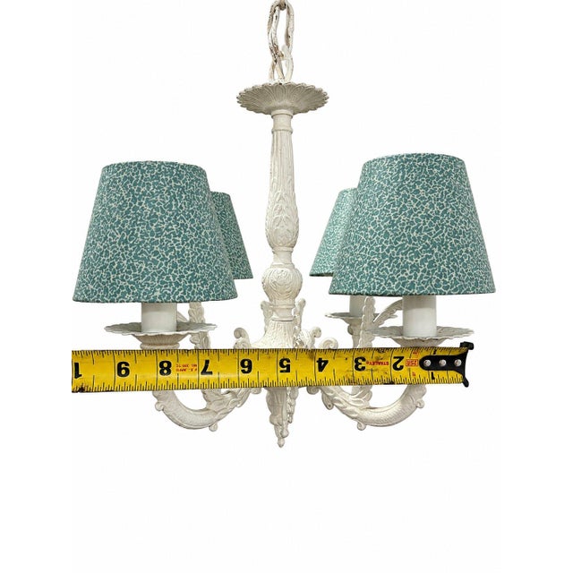 Late 20th Century Vintage Shabby Chic 4 Arm Small Chandelier Green Fabric Shades Made in Spain For Sale - Image 5 of 7