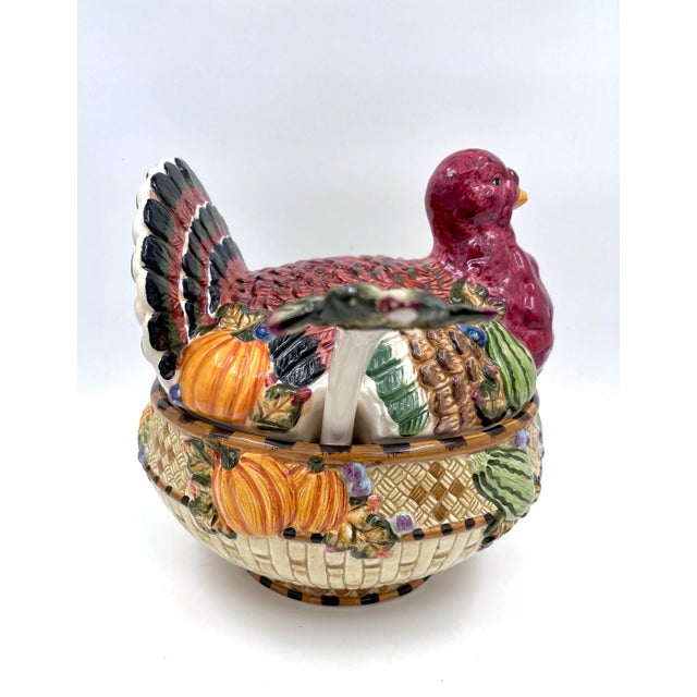 1990s Majolica Style Turkey Tureen Centerpiece With Lid and Ladle For Sale - Image 4 of 12