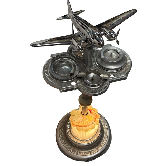 1930s 1930s Art Deco Light Up Airplane Chrome Ashtray Stand W/ Electric Lighter & Art Glass Base For Sale - Image 5 of 9