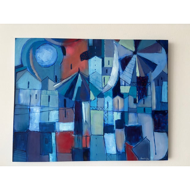 Norberto Uribe Dominican Modernist Village Blue Painting on Canvas For Sale - Image 4 of 12